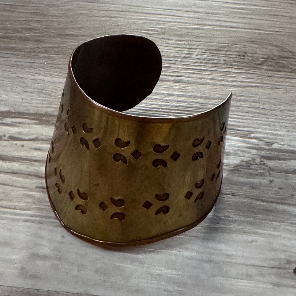 Vintage India Brass Copper Wide Cuff Bracelet Cutout Boho Statement Jewelry 70s